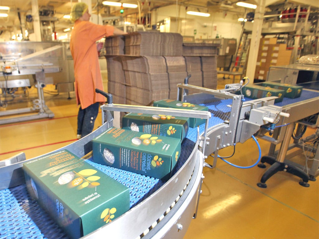 Finished boxes of cereal on the conveyor belt at the Poundbury plant