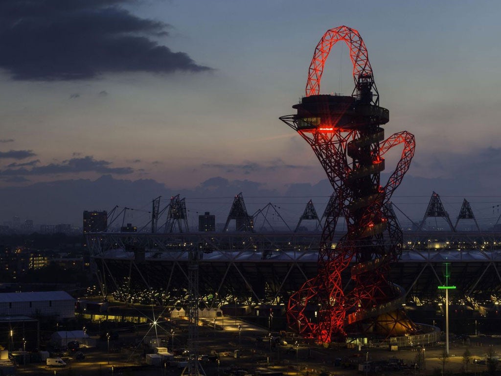 andout photo dated 02/05/12 of a view of the ArcelorMittal Orbit during light testing last night. The London Legacy Development Corporation lit up the ArcelorMittal Orbit last night as it tested new lighting added to the UK's largest sculpture. The visitor attraction will be lit by 250 colour spot lights that can be individually controlled to produce a stunning digital combination of static and animated effects to bring the 114.5m Anish Kapoor and Cecil Balmond designed structure to life. PRESS ASSOCIATION Photo. Issue date: Thursday May 3, 2012. The energy efficient LEDs will be positioned in areas including the external spiral staircase, the looping lattices, the canopy and viewing platforms areas. The structure will be lit during the Games and will be a beacon of the future Queen Elizabeth Olympic Park when it reopens as a visitor attraction after the Games. The ArcelorMittal Orbit will be owned by the London Legacy Development Corporation when completed in the coming weeks. It will then be licensed to LOCOG for Games-time use before being operated by the Legacy Corporation after the Games as a key attraction in the Queen Elizabeth Olympic Park. See PA story OLYMPICS Sculpture. Photo credit should read: The London Legacy Development Corporation /PA Wire NOTE TO EDITORS: This handout photo may only be used in for editorial reporting purposes for the contemporaneous illustration of events, things or the people in the