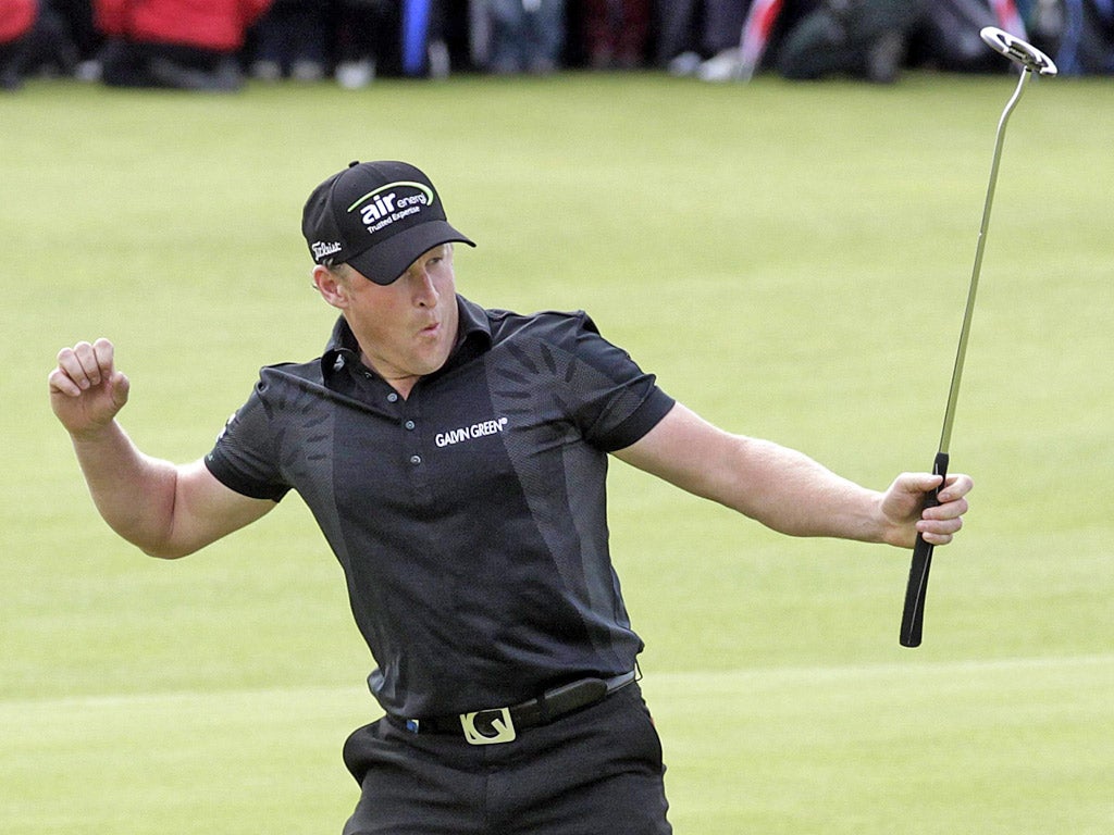 Jamie Donaldson celebrates his Irish Open victory yesterday