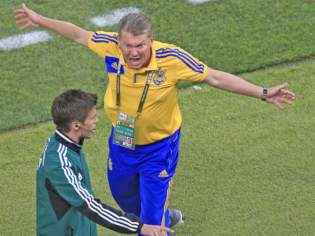 Ukraine coach Oleg Blokhin blows his top after his side’s ‘goal’
against England was ruled out