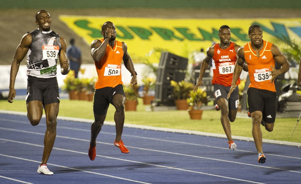 Yohan Blake competing against Usain Bolt in the 200m