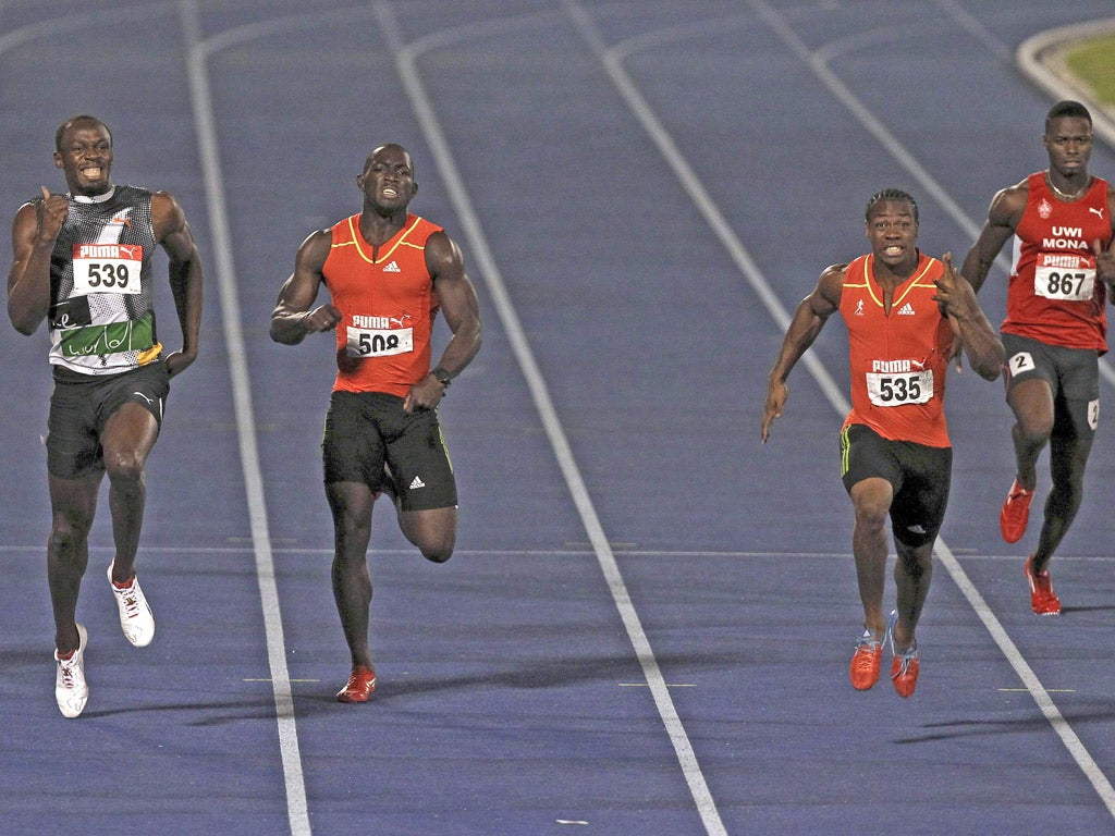 Yohan Blake (second right) beats Usain Bolt in Jamaica’s 200m trial