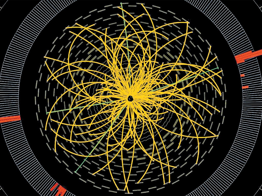 A computer-generated image shows proton collisions expected from the decay of a Higgs boson