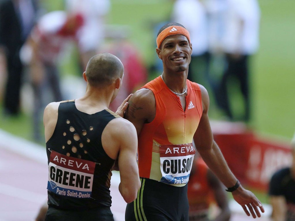 Dai Greene congratulates Javier Culson on his victory last night