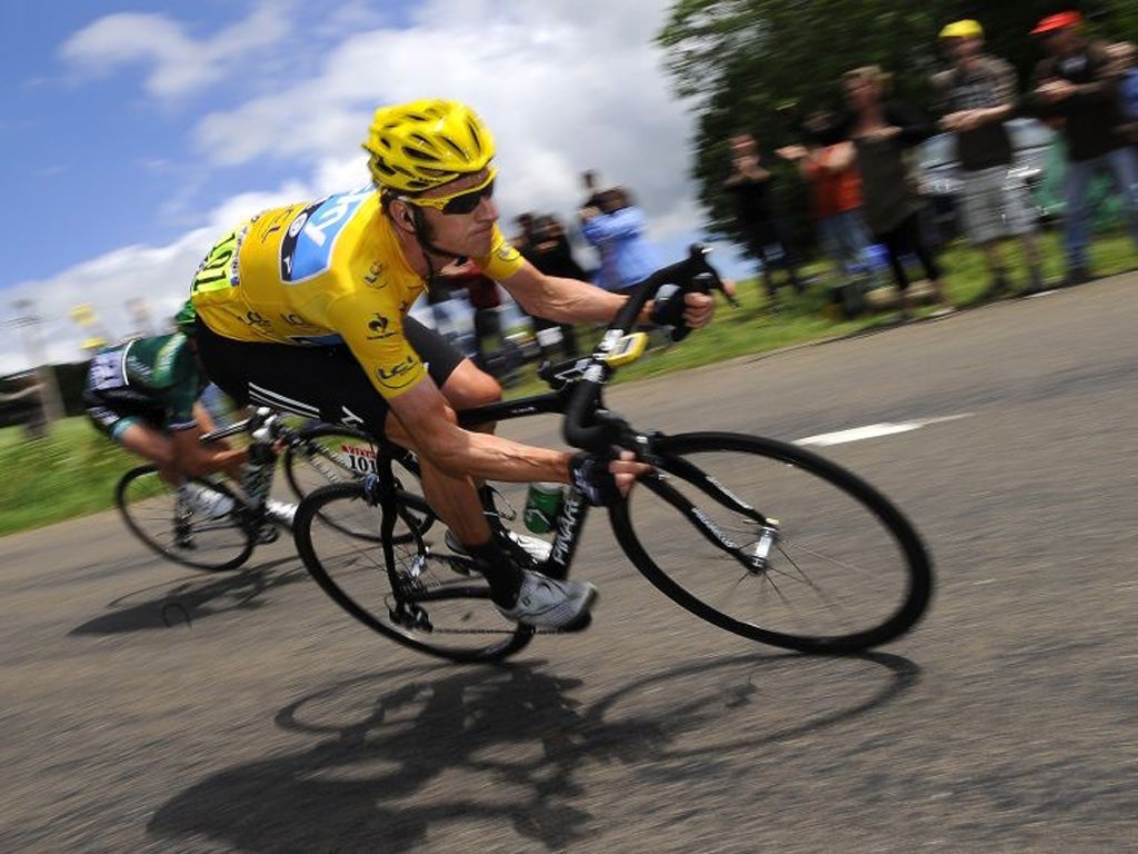 Bradley Wiggins puts on a turn of speed during yesterday's eighth stage