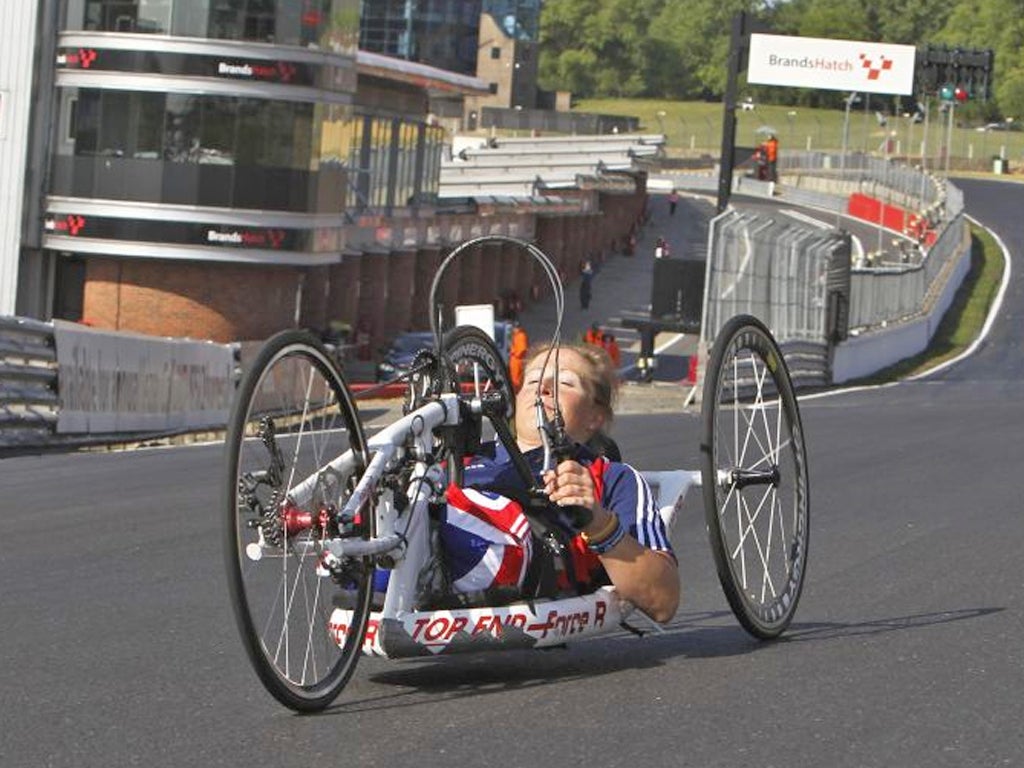 Rachel Morris training at Brands Hatch, Kent, which will be the setting for the London 2012 Paralympic cycling road races