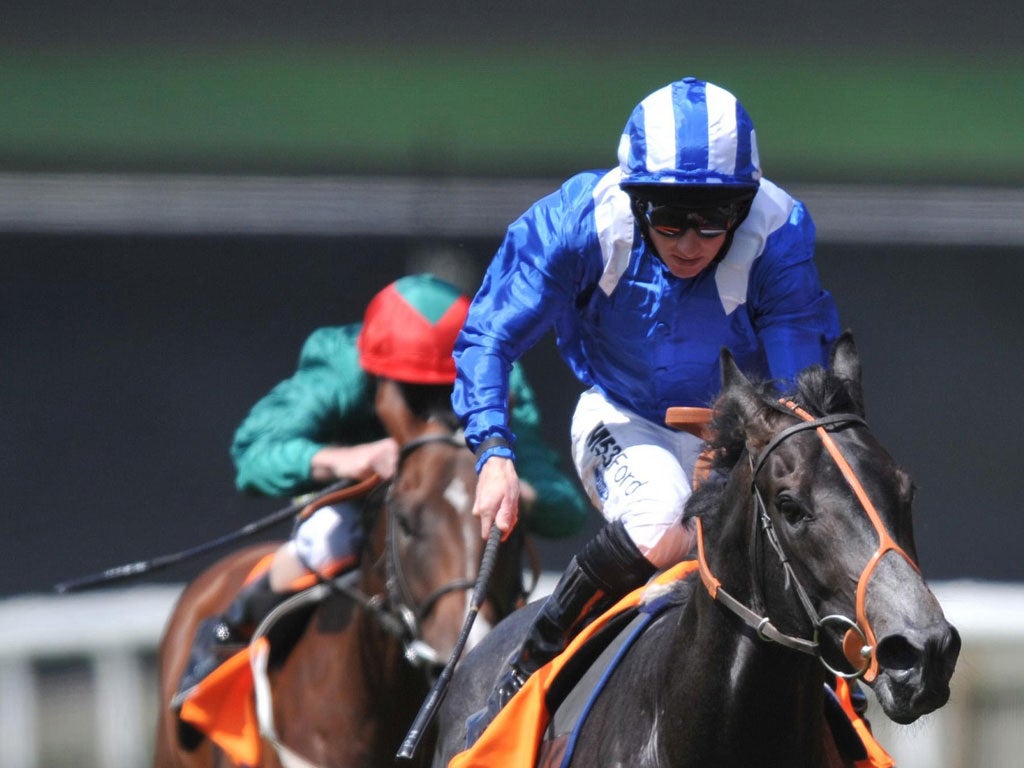 Alhebayeb and Paul Hanagan on their way to victory in the TNT July Stakes yesterday