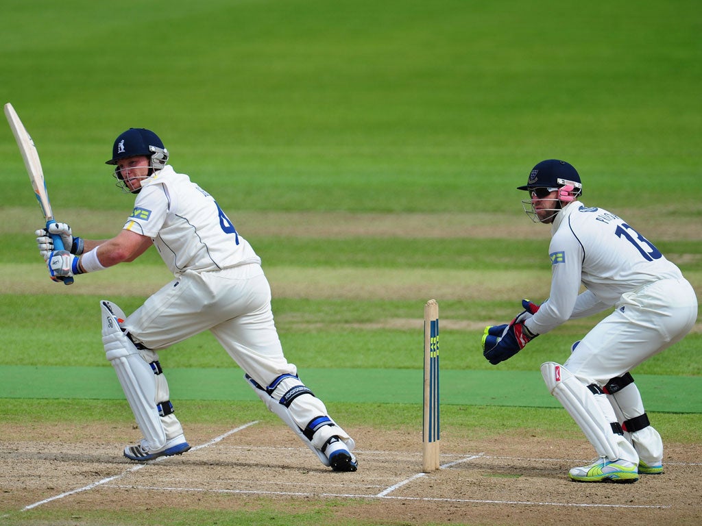 Ian Bell (left) is watched by England team-mate Matt Prior yesterday