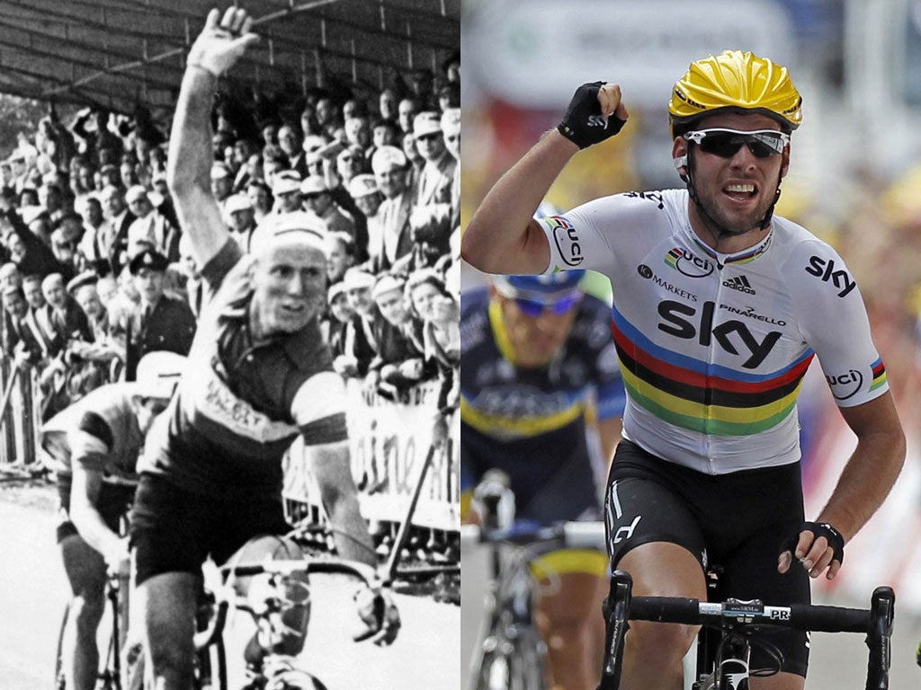 André Darrigade sprints to victory on stage one of the 1958 Tour de
France; Mark Cavendish wins this year's second stage