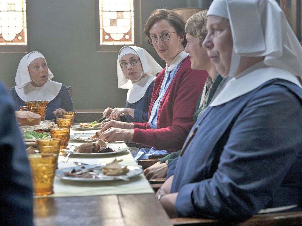 Jenny Agutter, Laura Main, Miranda Hart, George Rainsford and Pam Ferris in Call The Midwife