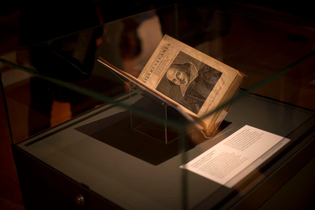 An engraving of William Shakespeare by Martin Droeshout is displayed as part of "The 'First Folio' William Shakespeare's Comedies, Histories, & Tragedies" by Shakespeare dated 1623, during the press view of the "Shakespeare: staging the world" exhibition at the British Museum in London, Wednesday, July 18, 2012.
