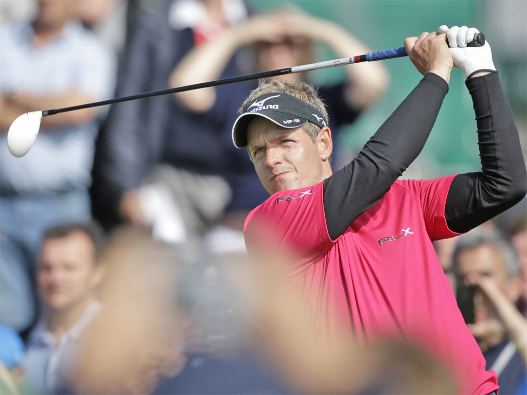 England’s Luke Donald, the world No 1, plays a shot off the 18th tee during his practice round at Royal Lytham yesterday