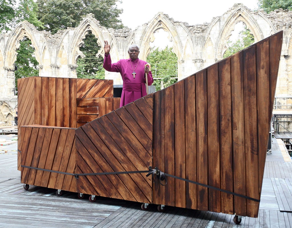 The Archbishop of York, Dr John Sentamu, aboard 'The Ark' from the forthcoming 'York Mystery Plays 2012' which open to the public on the 2nd August.