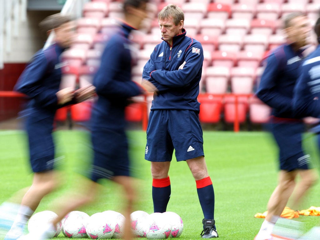 GB coach Stuart Pearce watches training at the Riverside Stadium