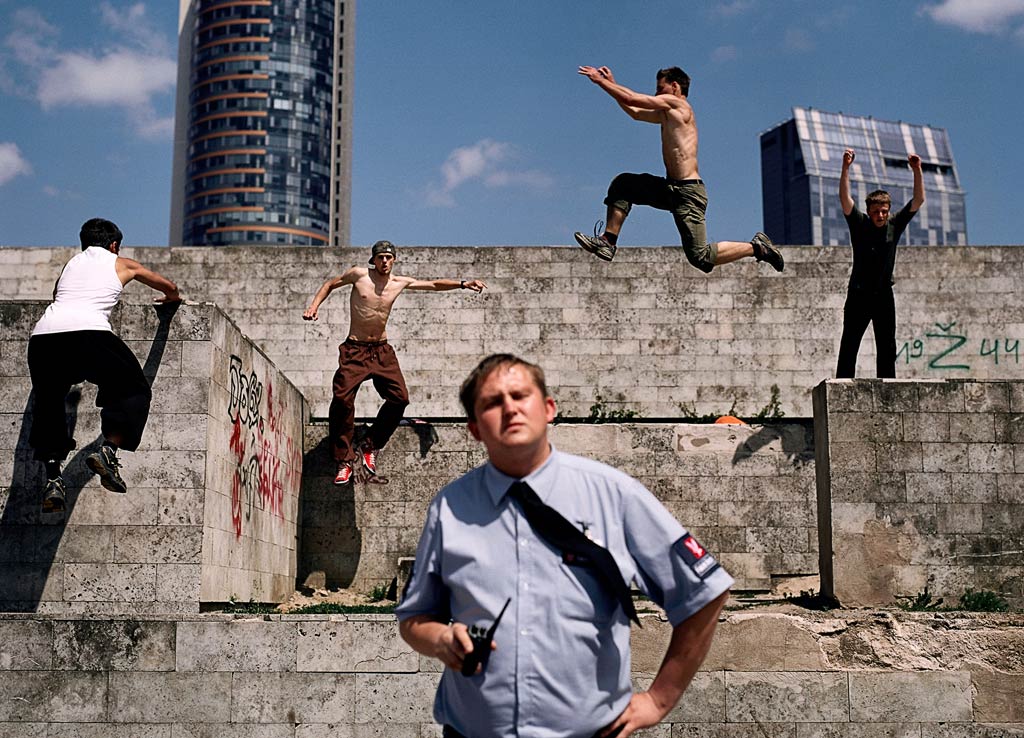 Andrius, Gedmis, Tomas and Audrius, aka the Vilnius Tracers, and, to the fore, a guard confronts Josh Cole, Lithuania