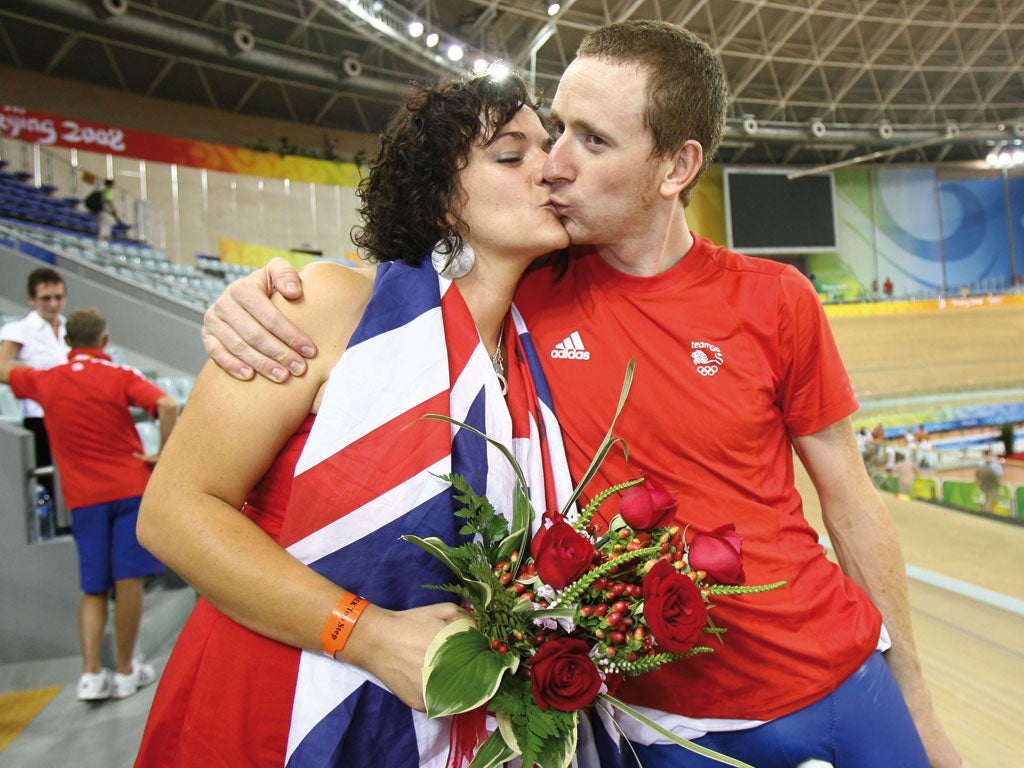 The leader of the Tour de France Bradley Wiggins with his wife Catherine