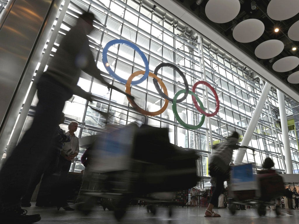 The Olympic rings welcome arrivals to London Heathrow