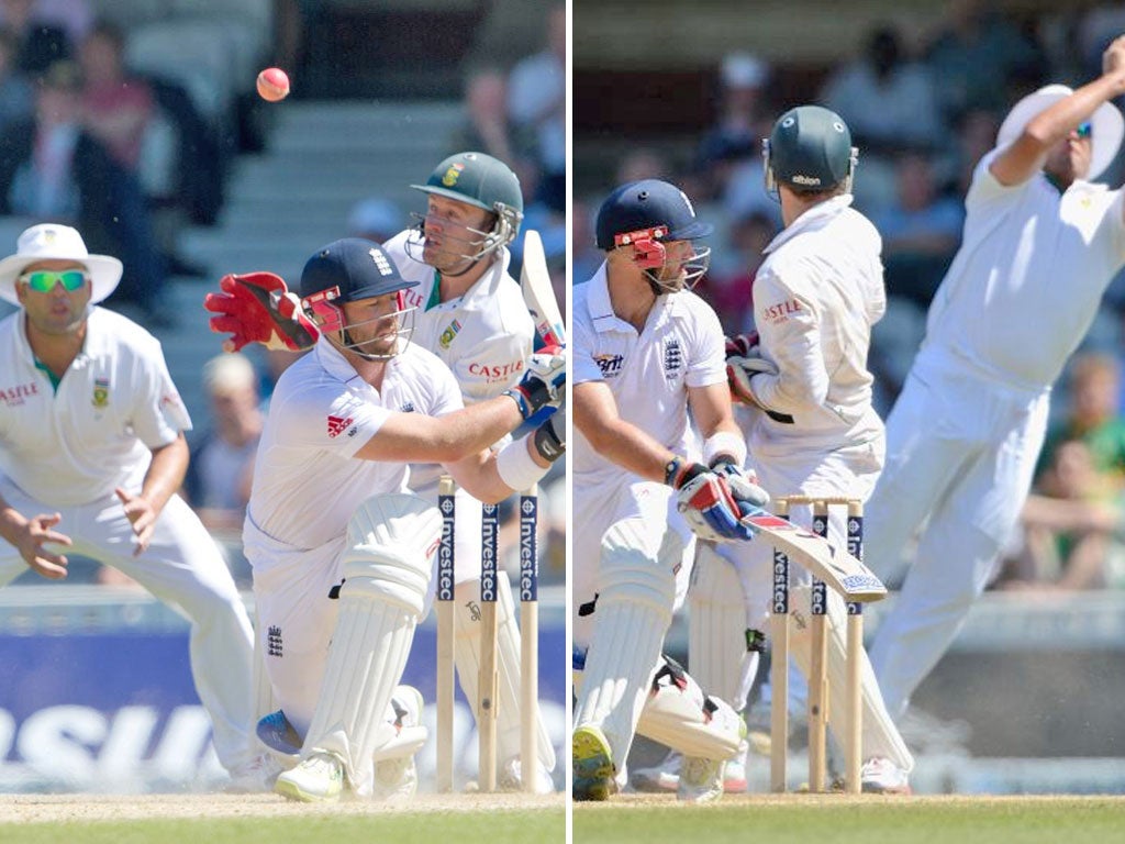 England’s Matt Prior mistimes a ball from Imran Tahir and is caught by Jacques Kallis