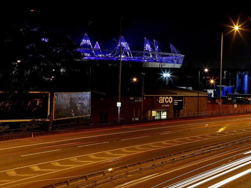 A view of the Olympic Stadium at night