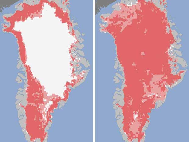 The extent of surface melt over Greenland's ice sheet on 8 July and 12 July is seen in this Nasa image