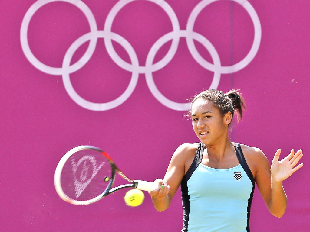 Heather Watson hits out during practice at the All England Club