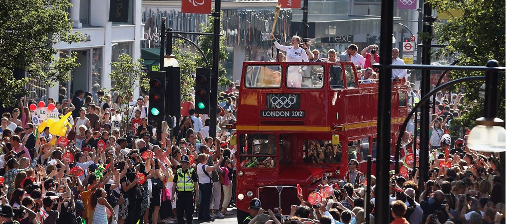 The Olympic torch in Oxford Street yesterday