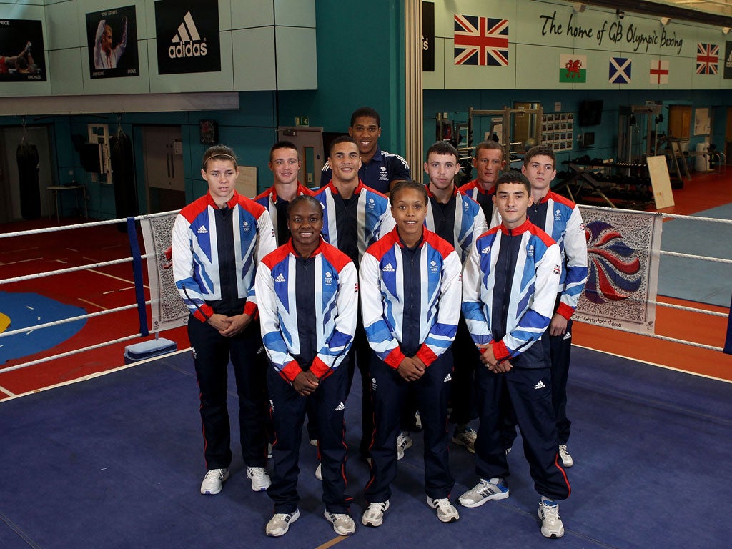 Front row (l-r): Nicola Adams, Natasha Jonas, Andrew Selby. Second row (l-r): Savannah Marshall, Josh Taylor, Anthony Ogogo, Fred Evans, Tommy Stalker, Luke Campbell. Back: Tommy Stalker