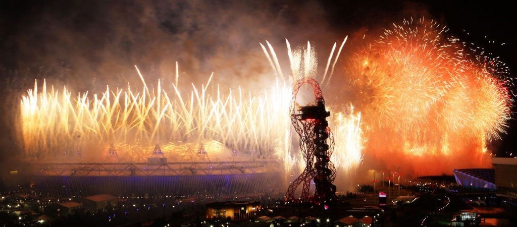 Fireworks marking the end of the ceremony at the Olympic Park