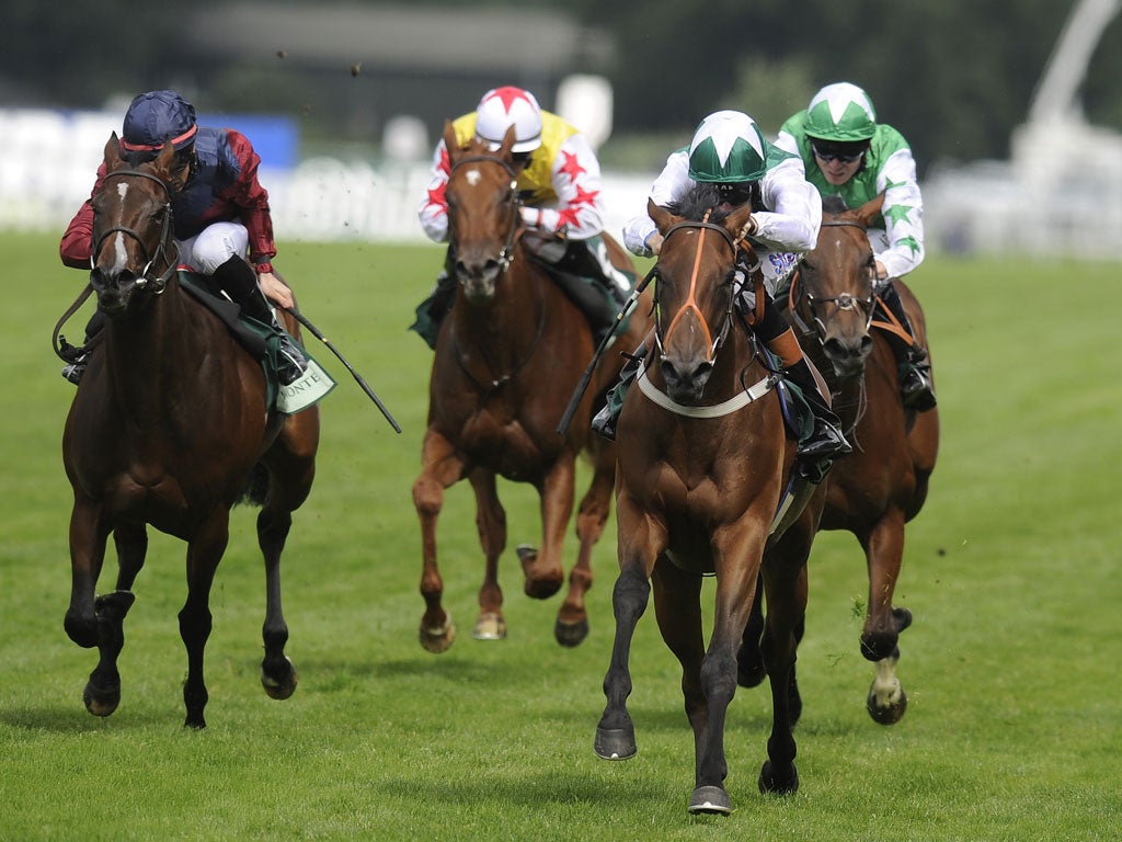 Nosing in front: Maureen (second right) ridden by Richard Hughes, on her way to winning the Princess Margaret Stakes at Ascot yesterday