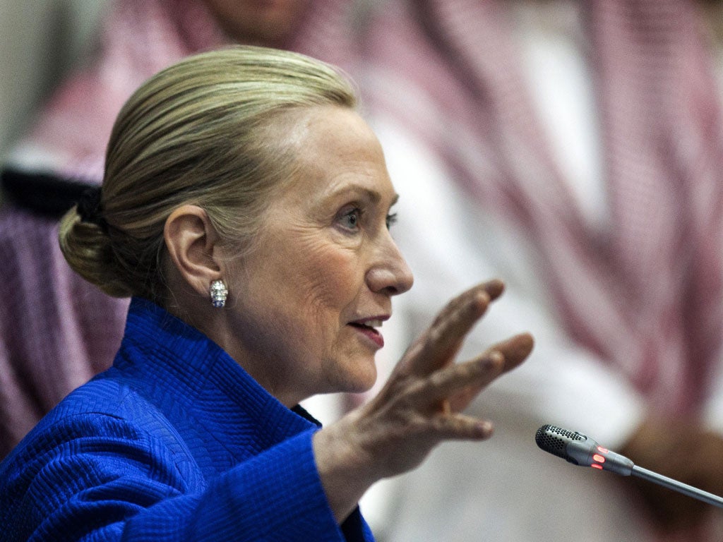 Saudi ally: Hillary Clinton at a conference with the Saudi foreign minister on plans for a Gulf missile shield against the Iranians