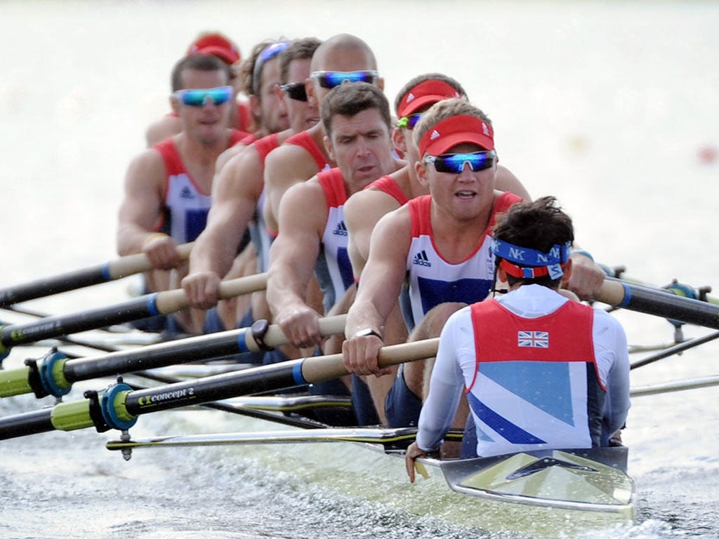 A spectator watching the Olympic rowing received treatment in hospital for a hip injury after she fell from an unstable seat