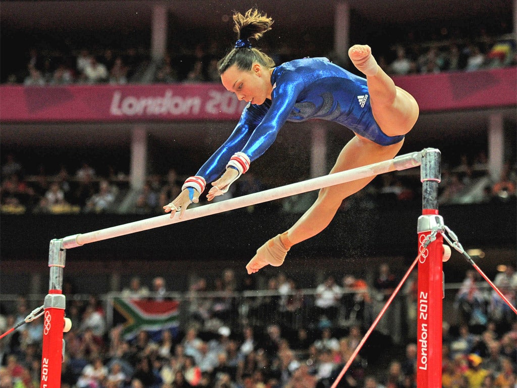 Great Britain’s Beth Tweddle on the uneven bars during the women’s team final in Greenwich yesterday