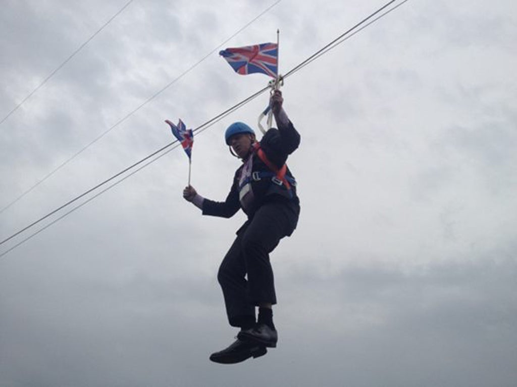 Mr Johnson was the first person to use the 45-metre high, 320-metre long zip wire zip wire which offers views towards the Olympic stadium. (pic via Rebecca Denton)