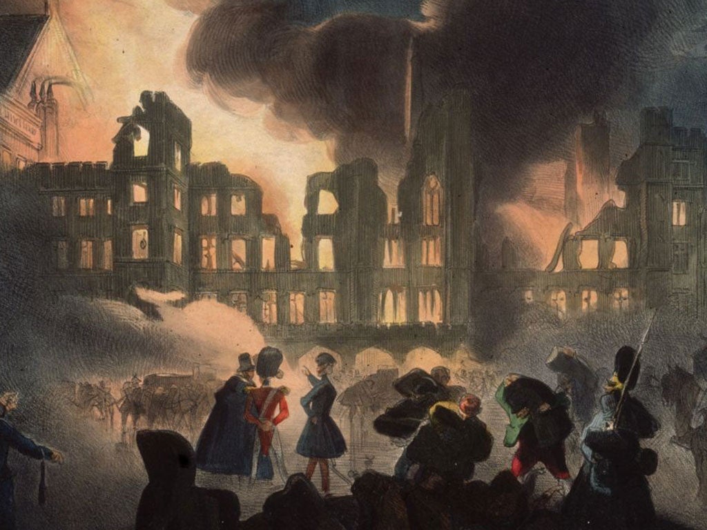 Flames consume the Palace of Westminster in 1834