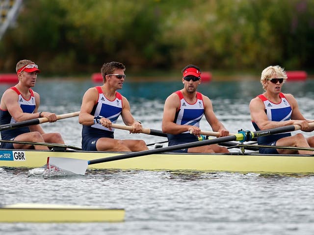 August 2, 2012: Andrew Triggs Hodge, Tom James, Pete Reed and Alex Gregory of Great Britain react after competing in the Men's Four semi-final 