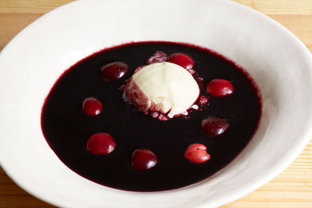 Cherry soup with vanilla ice-cream