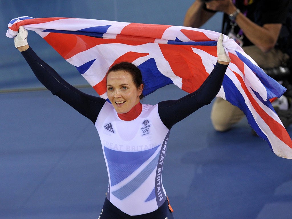 Victoria Pendleton celebrates her monumental victory in the keirin last night