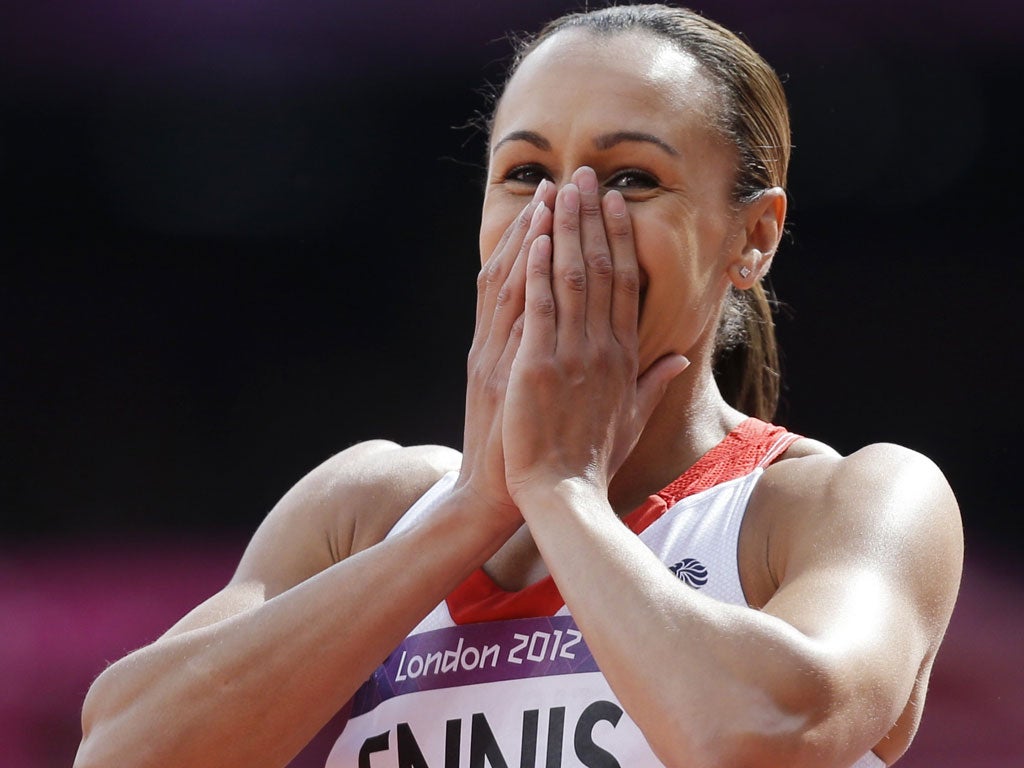 Jessica Ennis reacts after her stunning hurdles performance