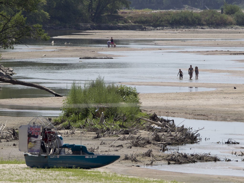 Scorched earth: The River Platte, near Yuta, Nebraska, last week