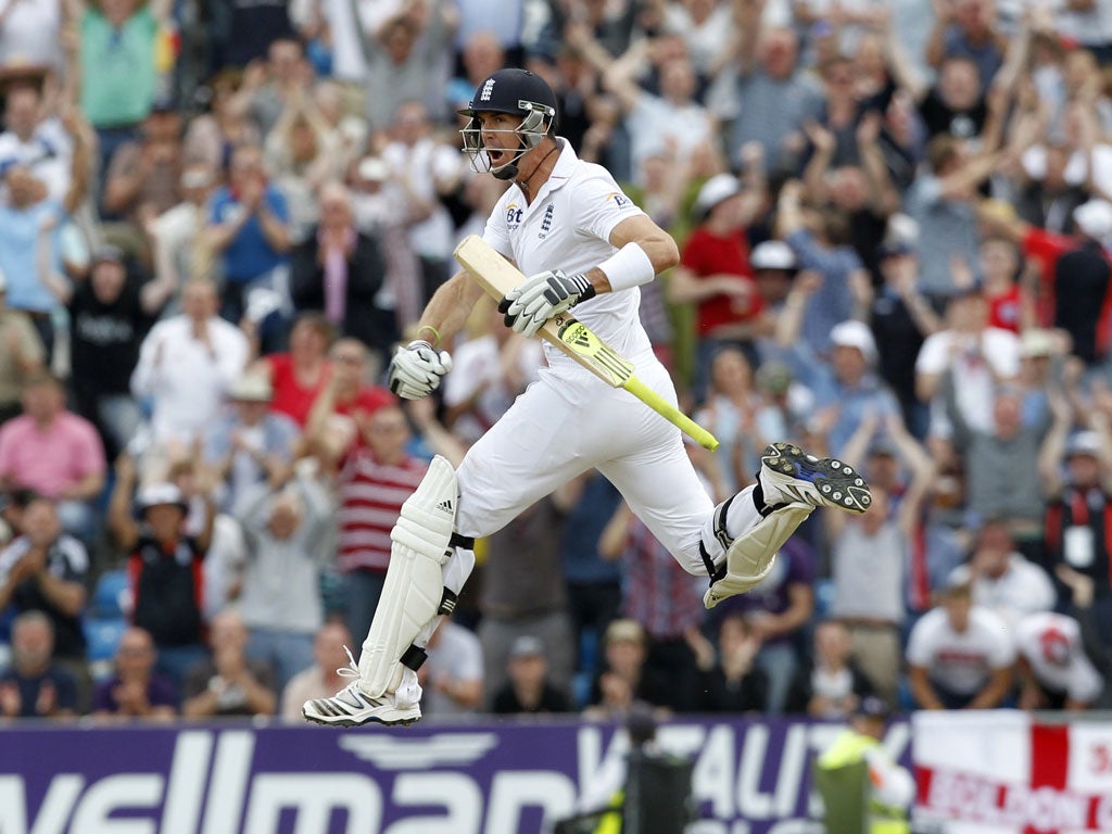 Main attraction: Kevin Pietersen celebrates his century against South Africa. He finished the day on 149 not out