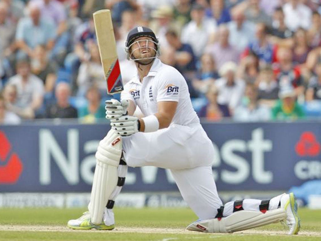 Matthew Prior watches in vain after top-edging a shot for a catch