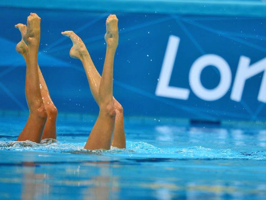 Ukraine's Kseniya Sydorenko and Daria Iushko compete in the duets technical routine during the synchronised swimming competition at the London 2012 Olympic Games
