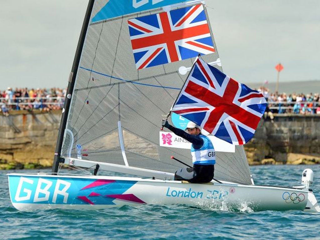 Ben Ainslie gives the crowd on the Nothe peninsula a home win
to cheer