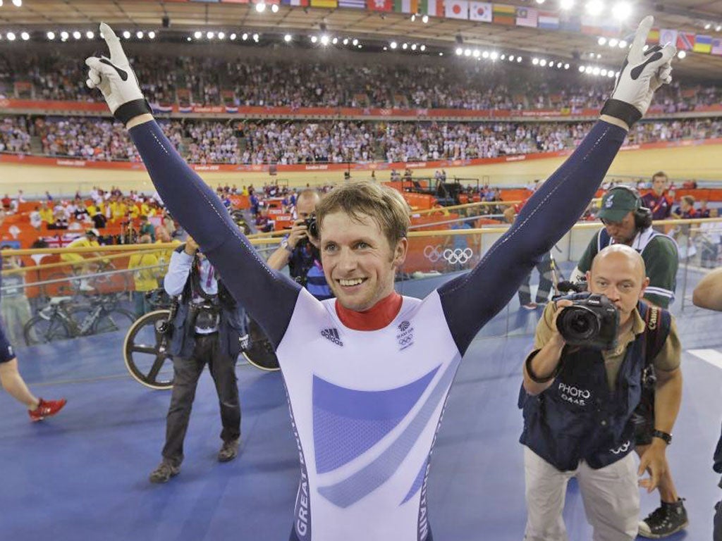 Jason Kenny celebrates after winning the men’s sprint final yesterday