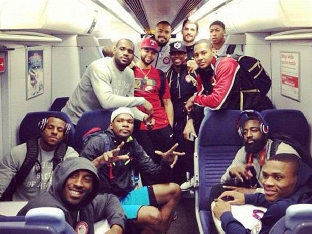 USA basketball team on public transport, including Kobe Bryant