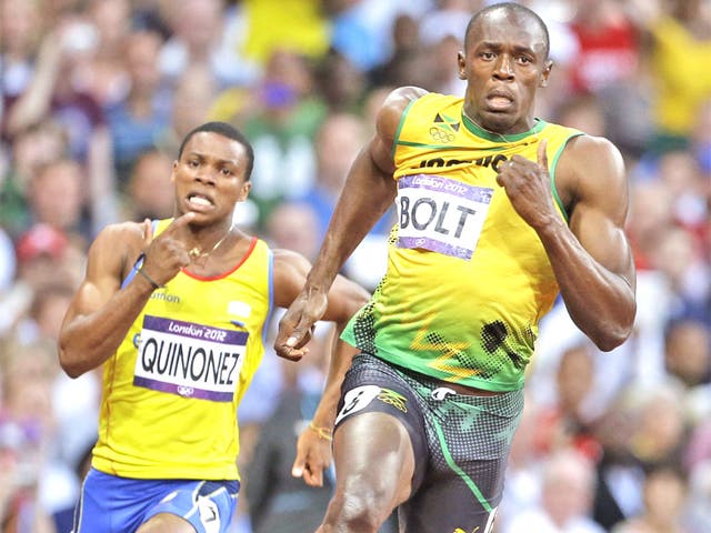 Usain Bolt on his way to victory in last night’s 200m semi-final