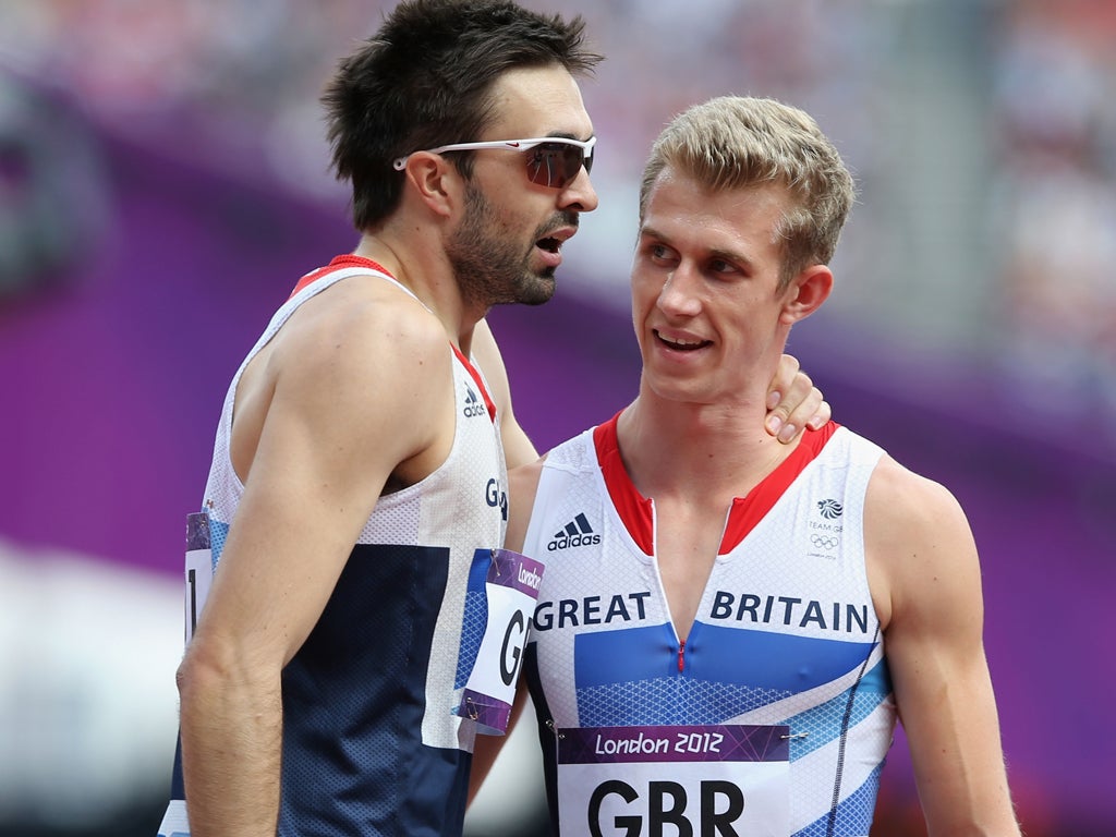 August 9, 2012: Martyn Rooney and Jack Green of Great Britain after the men's 4 x 400 metres relay heat, in which they qualified for the final