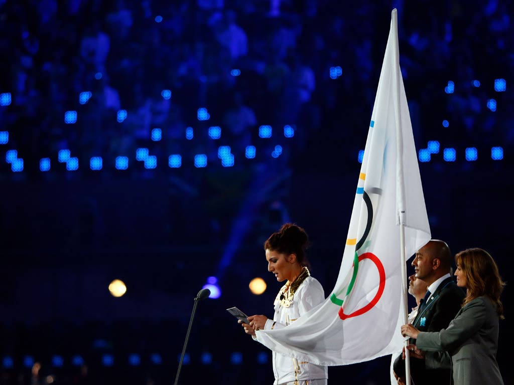 Sarah Stevenson reads the athletes oath at the opening ceremony