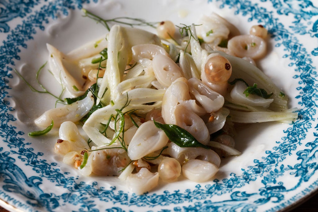 Raw razor clams, white currants and fennel