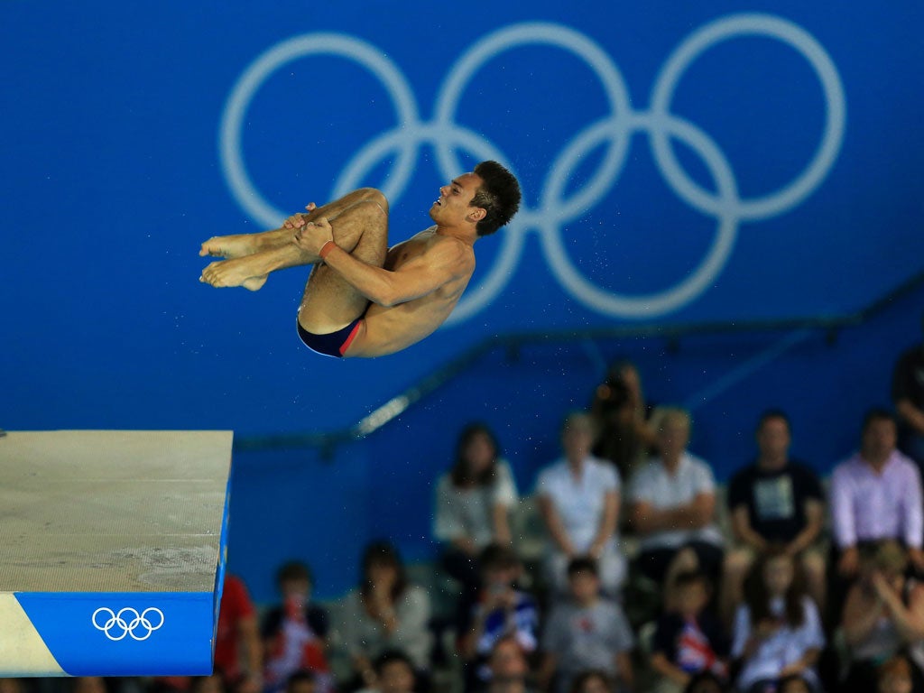 Tom Daley in the preliminary round of the 10m platform diving at the Aquatics Centre yesterday